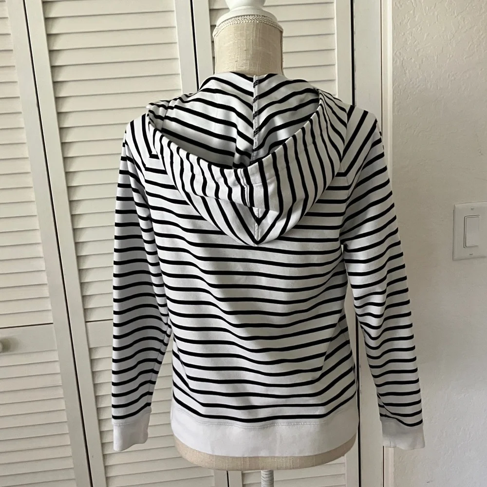 Lauren Ralph Lauren White and Black Striped Snaps-Neck Sweater‎ with Hoodie SP